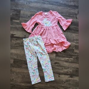 Easter Bunny Pink Ruffle Dress and Floral Leggings Outfit